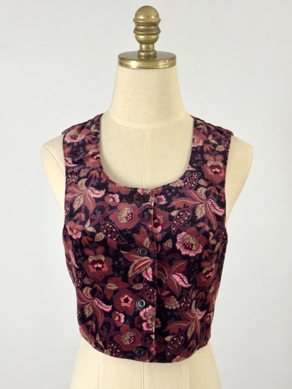 Vtg 70s JCPenney Womens Floral Velvet Vest Cropped Paisley Burgundy Purple Pink